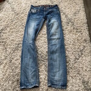 Rock Revival Betty Bootcut Jeans Womens 24 Medium Wash Thick Stitch Embellished